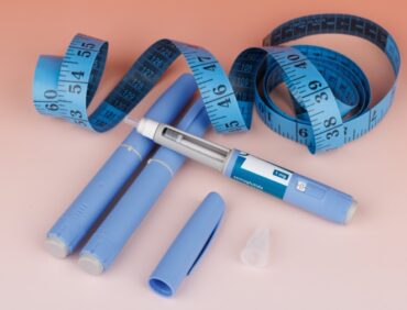 Composition representing health control with GLP-1 injections and metric tracking.